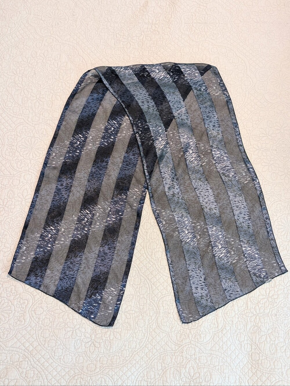 Silky Sheer Navy Blue White Patterned 62" Scarf